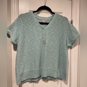 NWT L.L. Bean Size L P Slub Knit Cotton Short Sleeve V Neck Henley Top Pale Blue